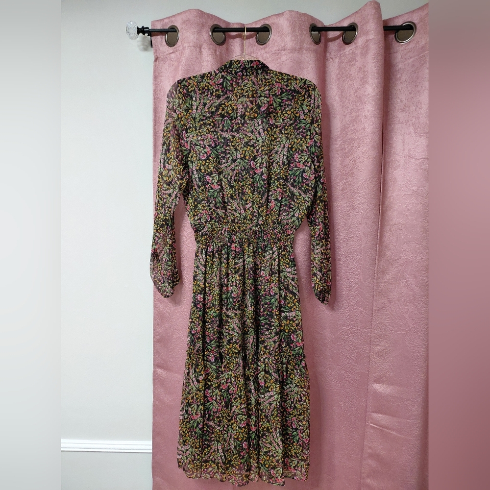 Misa Los Angeles Black Pink Floral Sheer Maxi V Neck Dress Delicate Pretty - Picture 2 of 11